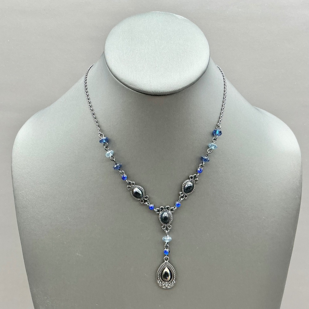 Avon Necklace Women Blue Silver Tone Pendant Beaded Y-Shape Fashion Jewelry